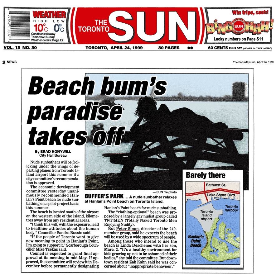 Toronto Sun 1999-04-24  Committee OKs Hanlan's Point CO-zone
